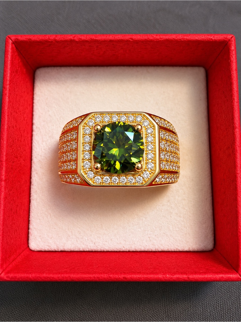 Men’s 2 CT Green Moissanite Gold Plated Adjustable Ring